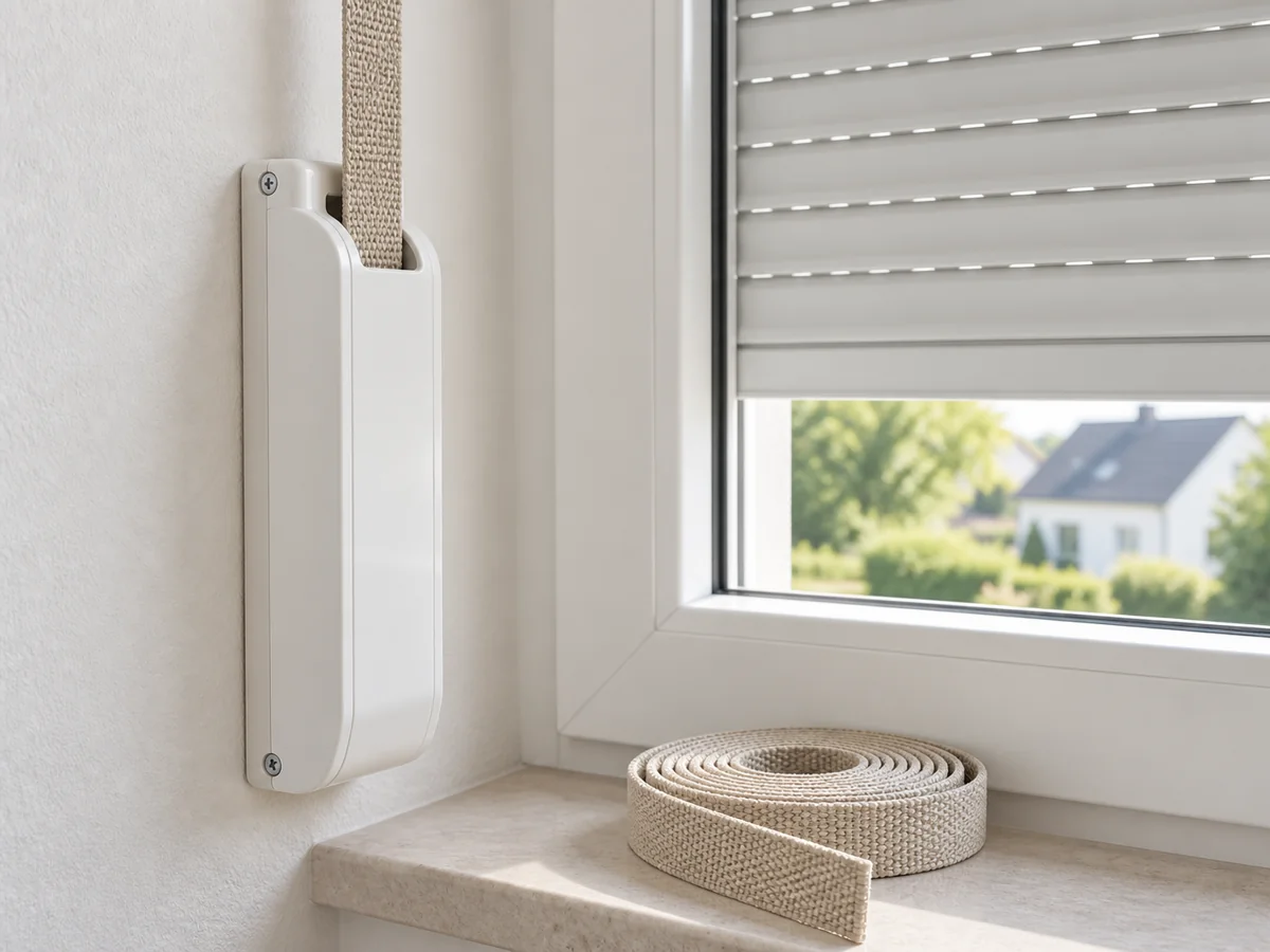 Gurtwickler mit gewebtem Rollladengurt am Fenster